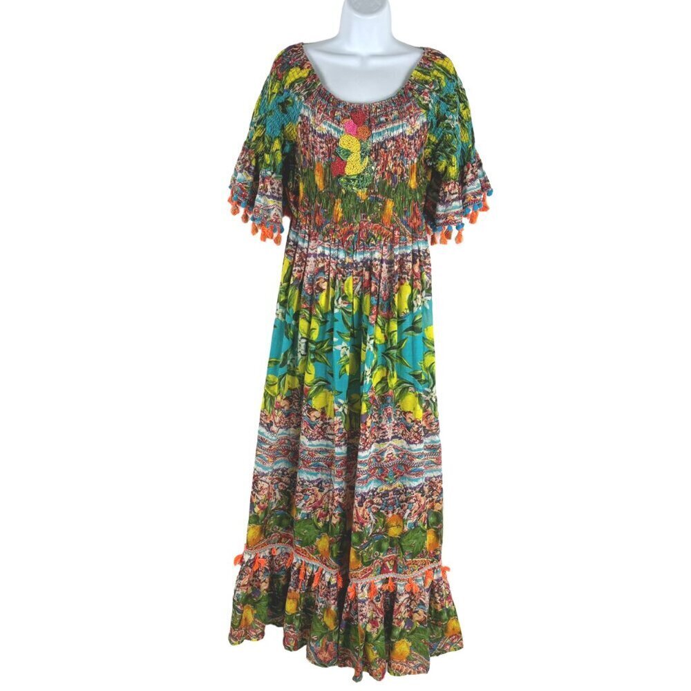 Amtica Santoria Dress One Size Lemon Orange Smocked Multicolored DR-1561‎